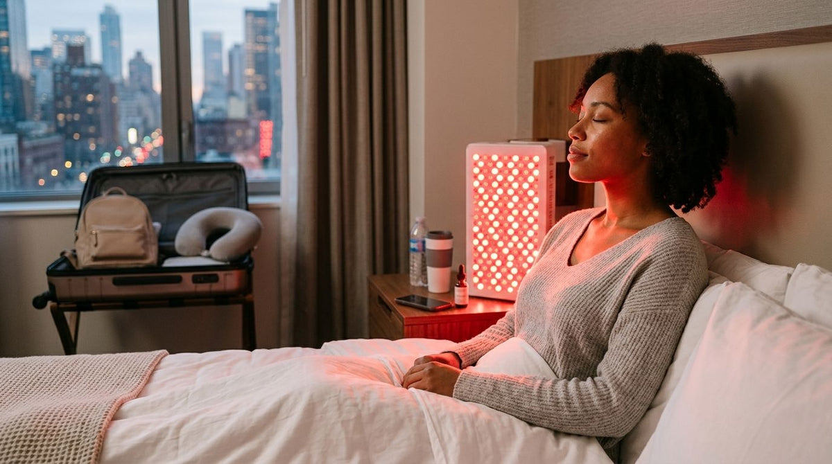 Red light therapy for travel skin fatigue and jet lag