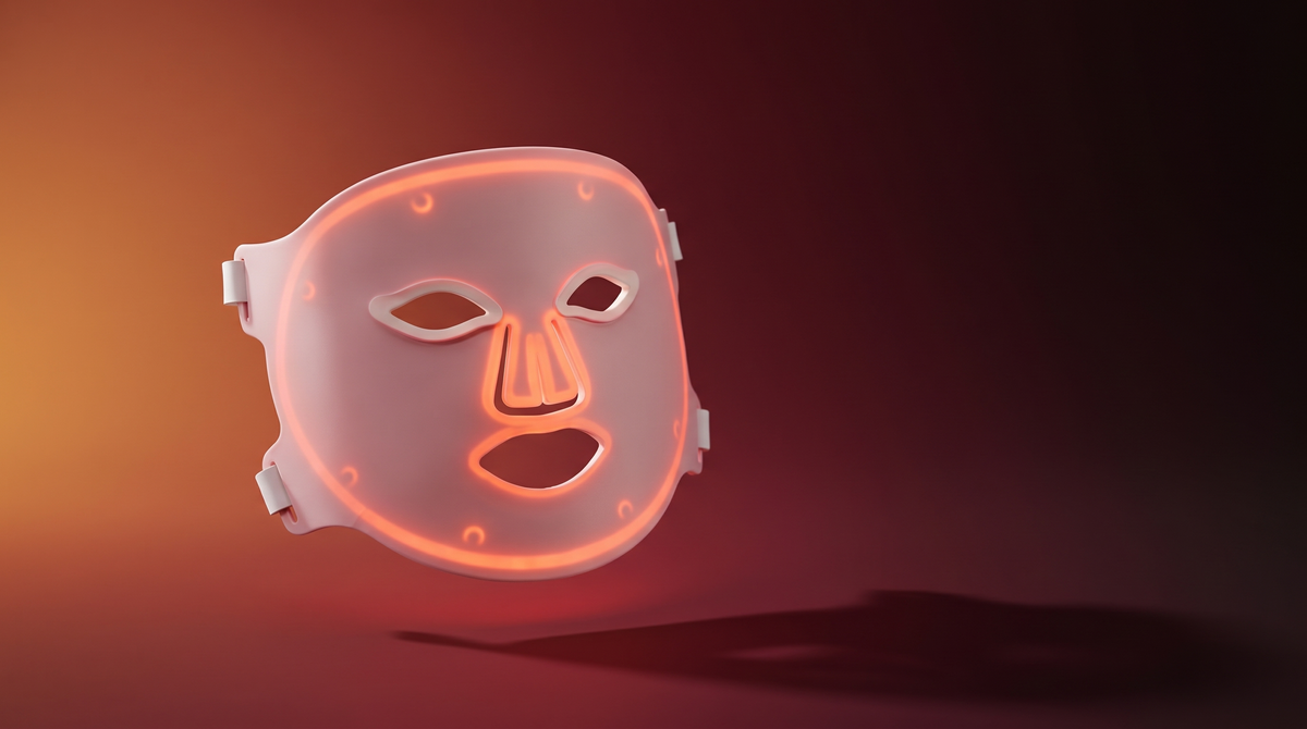 Solawave Wrinkle Retreat Pro LED face mask glowing against a warm amber to deep crimson gradient background.