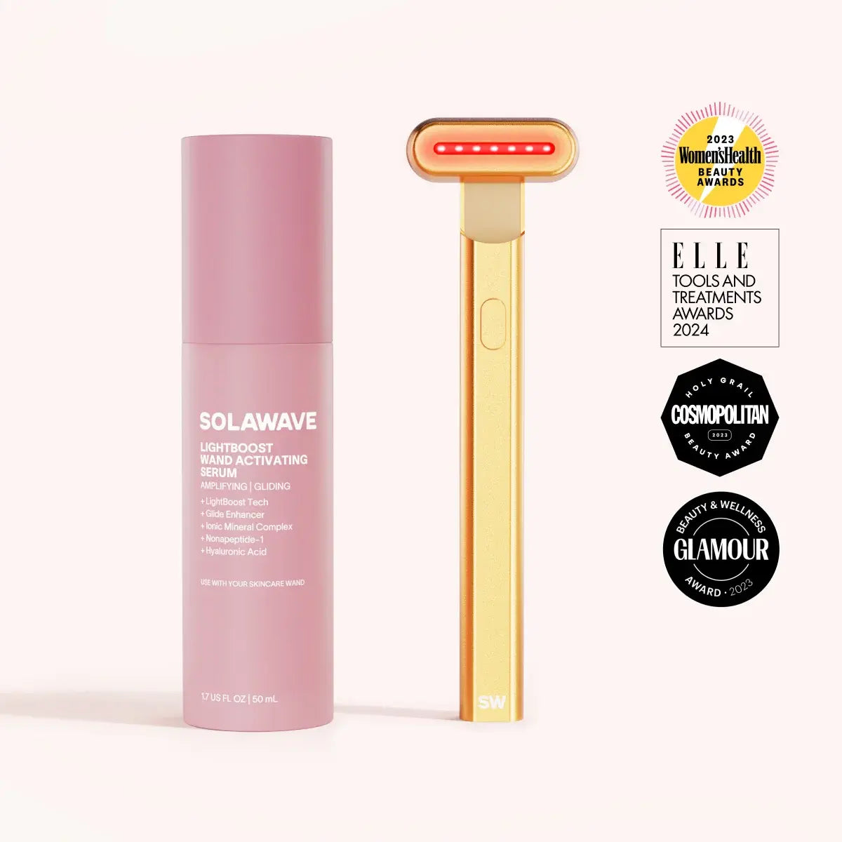 A pink Solawave 4-in-1 Red Light Therapy Wand & Activating Serum Kit appears, featuring the serum bottle and gold-red skincare wand for fine lines. Award badges from Women’s Health, ELLE, Cosmopolitan, and Glamour are shown on the right. || Gold
