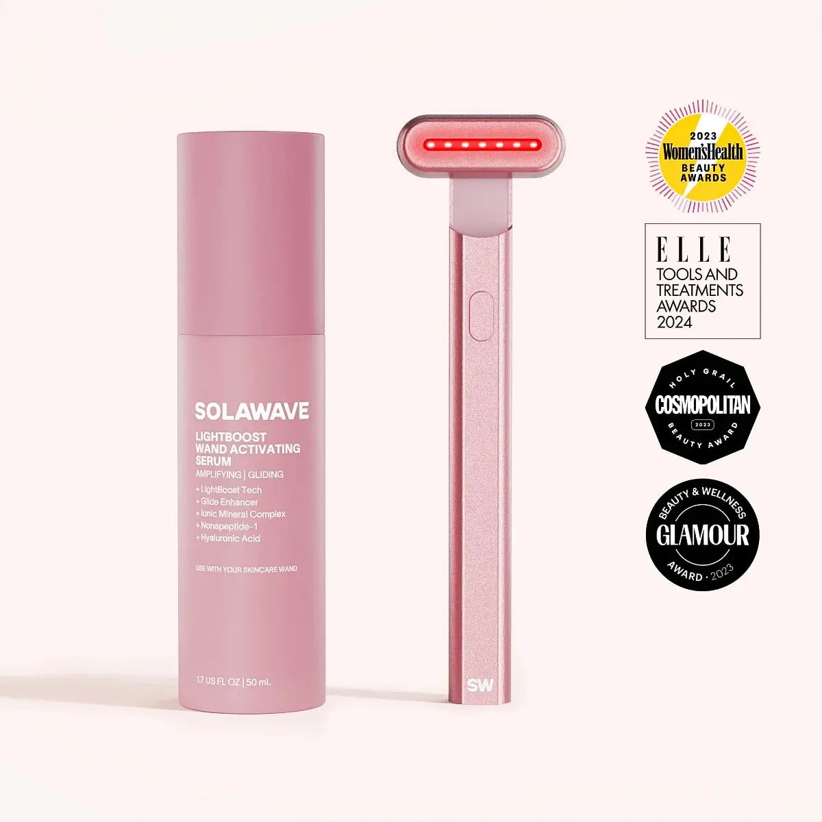The Solawave 4-in-1 Red Light Therapy Wand & Activating Serum Kit for dark spots and fine lines is shown glowing red, with award badges from Women’s Health, Elle, Cosmopolitan, and Glamour on the right. || Rose Gold