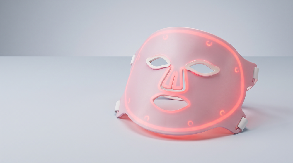Solawave Wrinkle Retreat Pro LED face mask on a clean cool-grey surface, lit to show its illuminated LED array.