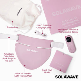 Pink light therapy mask with adjustable neck straps, handheld controller, USB-C cable, storage bag, and instruction guide.