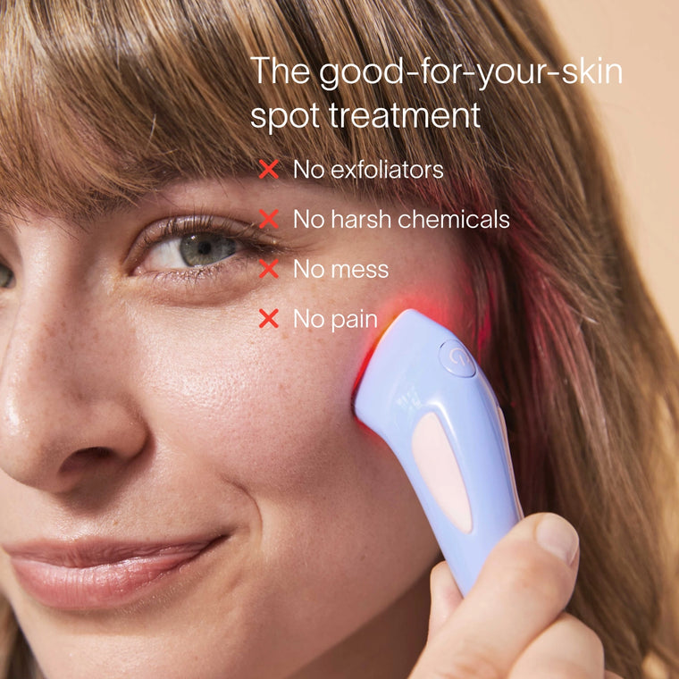 Woman using a skin treatment device on her face with text highlighting benefits.. || Charcoal