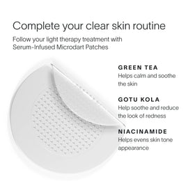 A graphic shows a serum-infused microdart patch with green tea to calm, gotu kola to reduce redness, and niacinamide for even skin tone. Header: Complete your clear skin routine with blemish control. Try the Bye Acne Pro Kit by SolaWave.  || Periwinkle