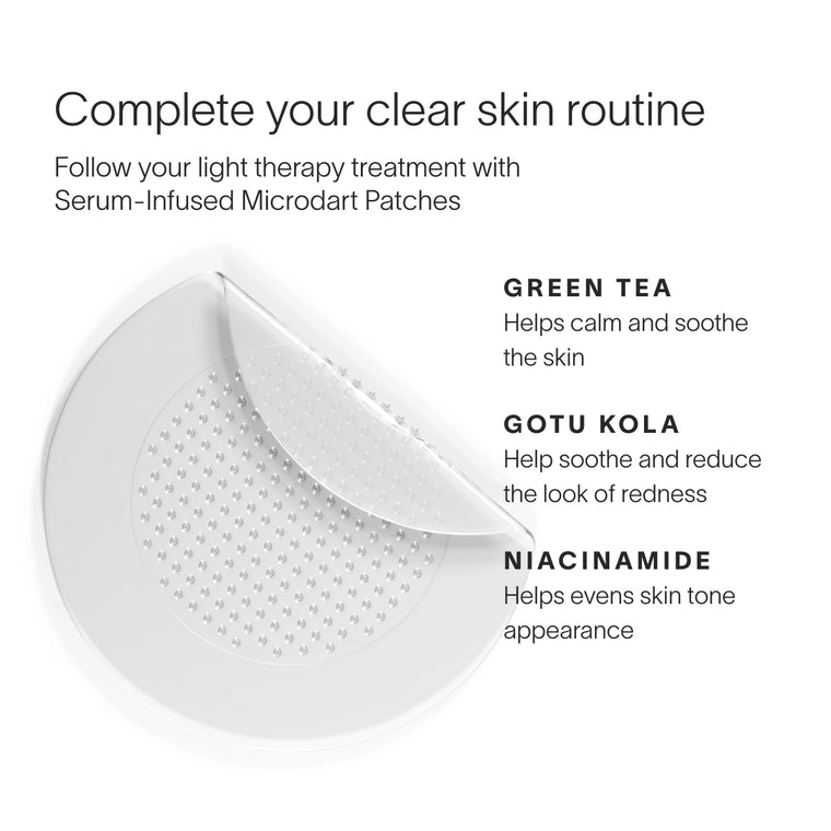 Serum-infused microdart patches with green tea, gotu kola, and niacinamide benefits on a white background.. || Charcoal