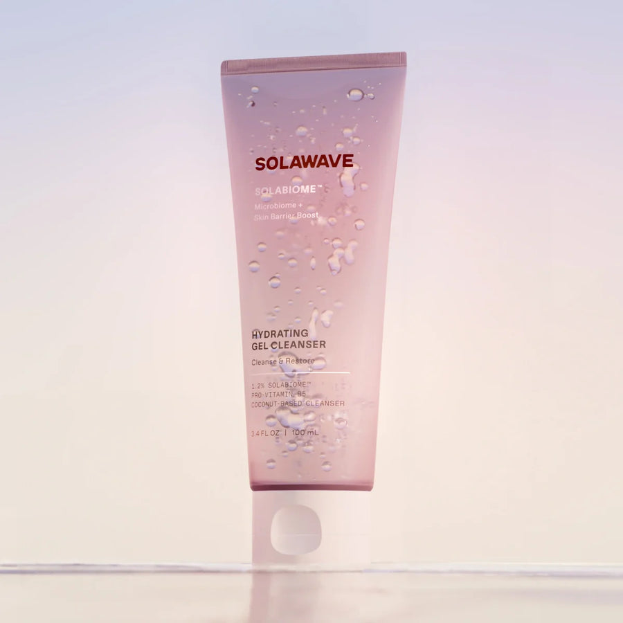 Bottle of Solawave Pre- & Probiotic Hydrating Gel Cleanser on a plain background.