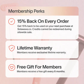 A promotional image for the Inveterate Solawave Membership showcases perks like 15% Back On Every Order, a Lifetime Warranty, and a Free Gift For Members Every 6 Months. Cancel anytime. Each perk is highlighted with small icons, offering unbeatable benefits at your fingertips.