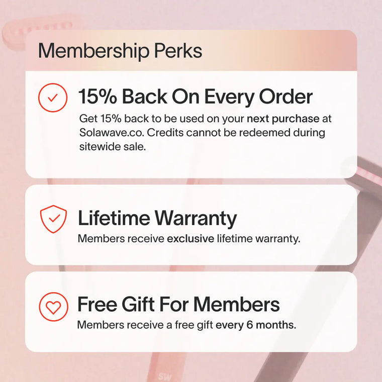 A promotional image for the Inveterate Solawave Membership showcases perks like 15% Back On Every Order, a Lifetime Warranty, and a Free Gift For Members Every 6 Months. Cancel anytime. Each perk is highlighted with small icons, offering unbeatable benefits at your fingertips.