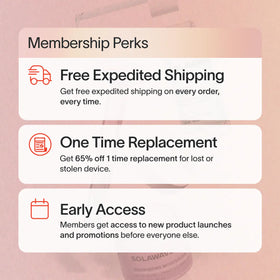 The Inveterate Solawave Membership offers perks: Free Expedited Shipping (truck icon), 65% off One-Time Replacement (recycling icon), and Early Access to New Products (calendar icon). Enjoy the freedom to cancel anytime.