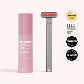The Solawave 4-in-1 Red Light Therapy Wand & Activating Serum Kit features a pink serum bottle and a gray wand with a glowing red light, acclaimed for addressing fine lines and dark spots. Award badges from top magazines appear on the right. || Charcoal