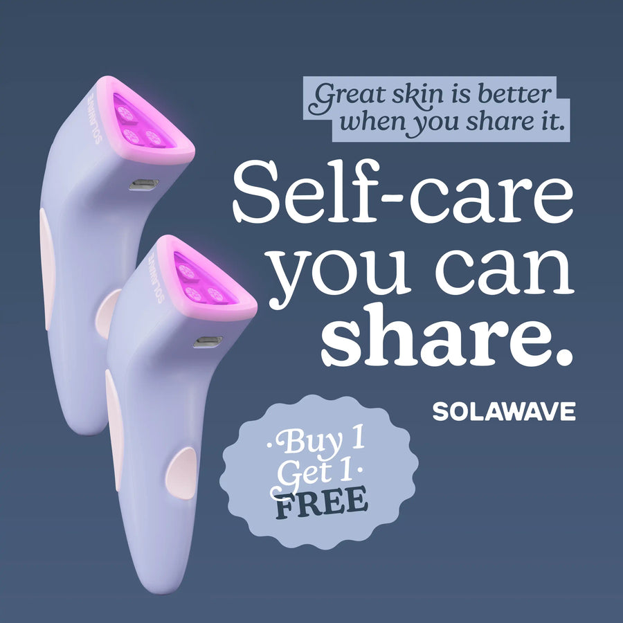 Two purple and pink skincare devices with promotional text on a dark blue background. || Charcoal