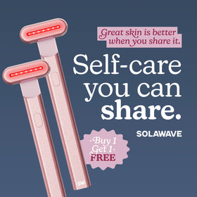 Two pink electronic devices with red lights on a dark blue background, featuring Solawave branding and promotional text. bogo