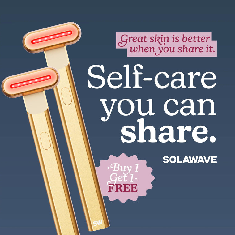 Gold razors with red lights on a dark blue background, featuring Solawave branding and promotional text. bogo || Gold