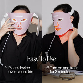 A person uses the Solawave Wrinkle Retreat Pro LED Face Mask—first applying to clean skin, then activating red, infrared, deep red, and amber light therapy. Text overlays guide this simple anti-aging routine while seated at a table.