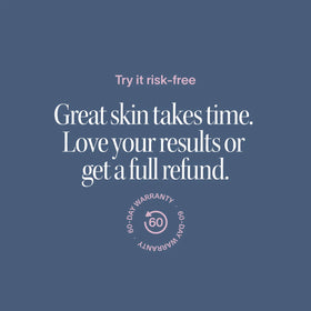 Text on a blue background reads: Try it risk-free. The Solawave Wrinkle Retreat Pro LED Face Mask uses red, infrared, deep red, and amber light for glowing skin. Love your results or get a full refund. Beneath is a circular 60-day warranty badge.