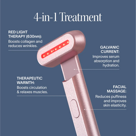 The Solawave 4-in-1 Red Light Therapy Wand & Activating Serum Kit in rose gold uses four red LEDs to target fine lines and dark spots, combining red light therapy, galvanic current, warmth, and facial massage. Blue background.