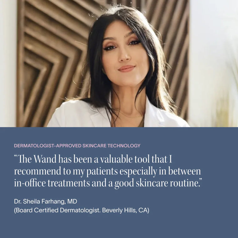 A woman in a white coat smiles at the camera. Below her, text shows a dermatologist recommending the Solawave 4-in-1 Red Light Therapy Wand & Activating Serum Kit for fine lines and dark spots between treatments. Her name and credentials are displayed at the bottom.