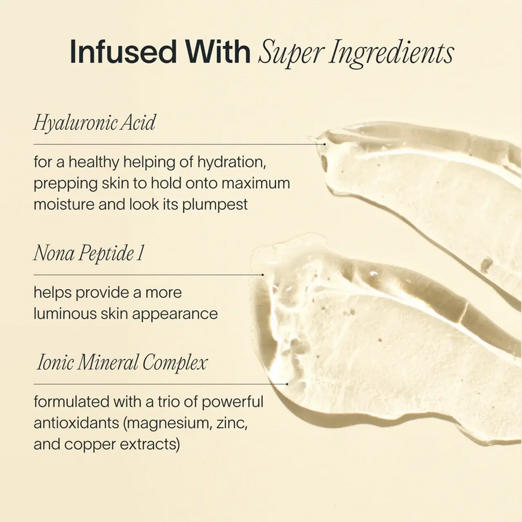 Solawaves Skin Therapy Activating Serum, showcased on a beige backdrop, features gel swatches and the text: Infused With Super Ingredients. Enjoy its age-defying formula with hyaluronic acid for hydration, nona peptide 1 for glow, and an antioxidant-rich ionic mineral complex. || 30mL